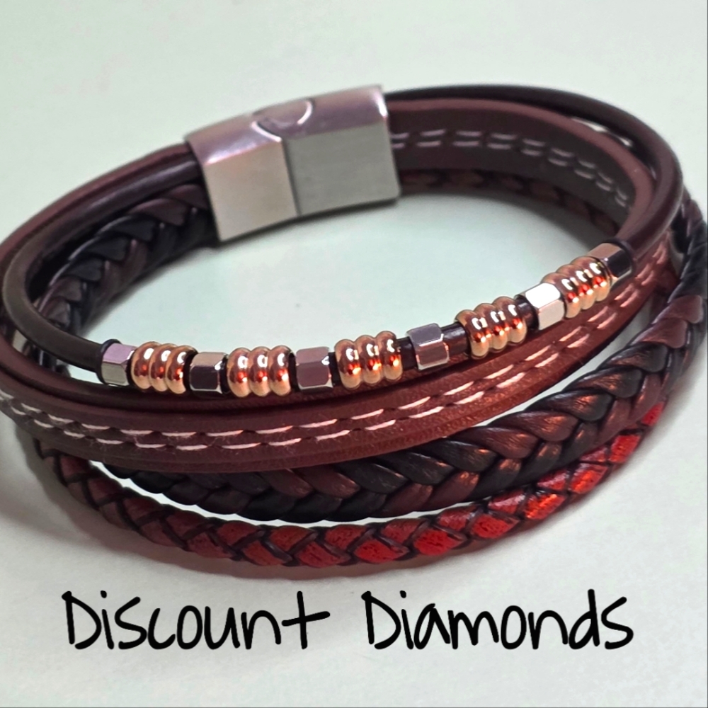 Brown Genuine Braided  Leather & Gold & Silver Titanium